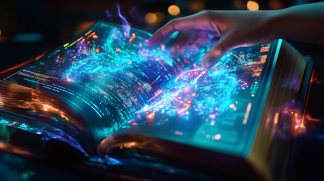A futuristic book with interactive holographic pages that display dynamic 3D visuals, allowing readers to explore content through touch and gestures 