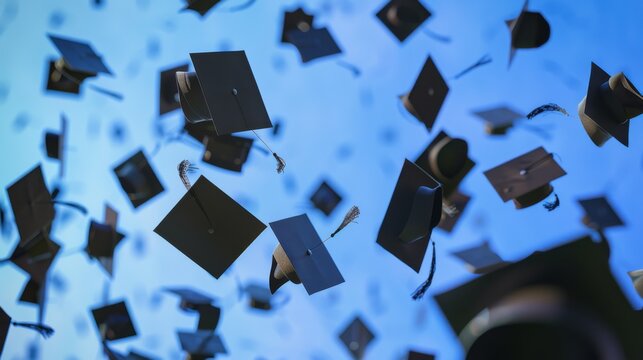 Graduation season celebrated with mortarboards flying high, Academic achievement scene, Symbolic style