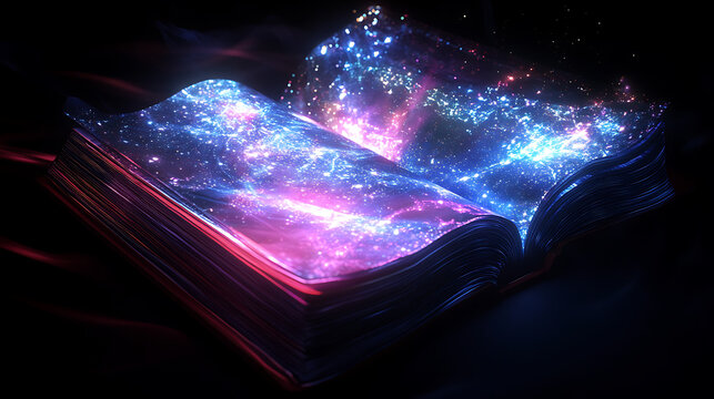 A futuristic book with interactive holographic pages that display dynamic 3D visuals, allowing readers to explore content through touch and gestures 
