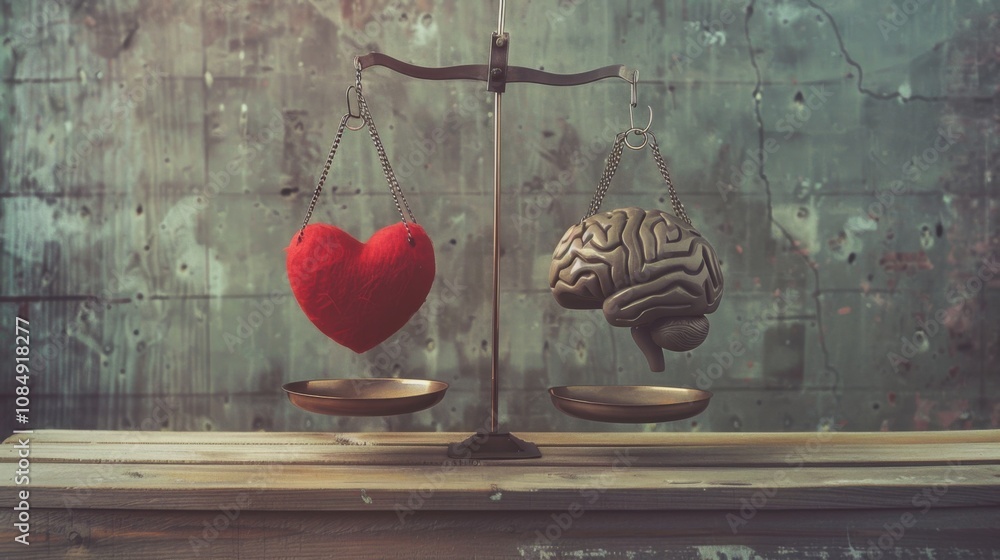 Aufkleber illustrate the concept of balance with a scale delicately weighing heart and brain symbols, heart an