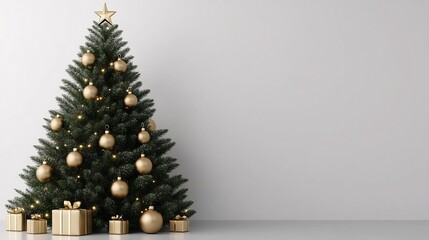 Elegant Golden Christmas Tree with Presents on White Background