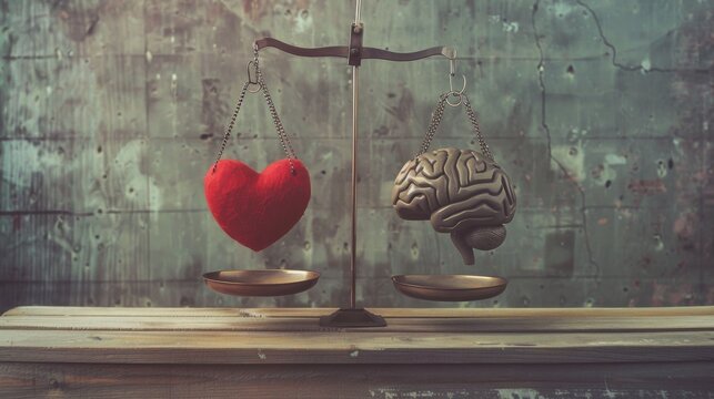 Illustrate the concept of balance with a scale delicately weighing heart and brain symbols, Heart and brain on scale scene, Conceptual style