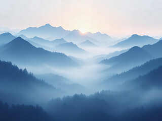 Obraz premium A foggy mountain landscape at dawn. The mountains should appear as silhouettes and the mist should create layers for an abstract background.