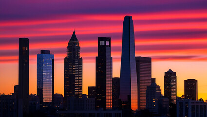 Glowing skyscrapers against cityscape sunset silhouette panorama
