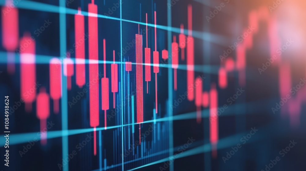 Poster a close-up view of a digital stock market graph displaying fluctuating red and blue candlesticks aga