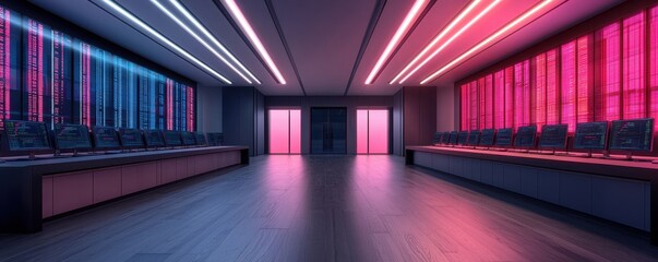 A futuristic room with vibrant blue and pink lighting, featuring rows of computer servers and a sleek, modern design.