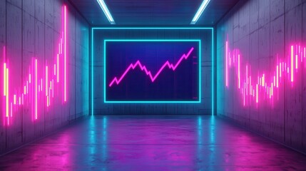 A futuristic corridor featuring neon lights and a digital graph, suggesting themes of technology, finance, and growth.