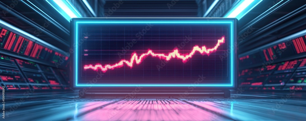 Poster a futuristic graph shows an upward trend on a digital screen, surrounded by glowing lines and a tech