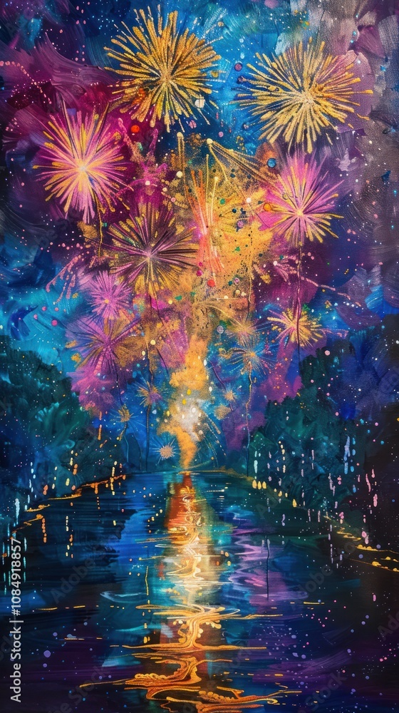 Poster a vibrant display of fireworks explodes over a calm lake, illuminating the night sky with colorful b