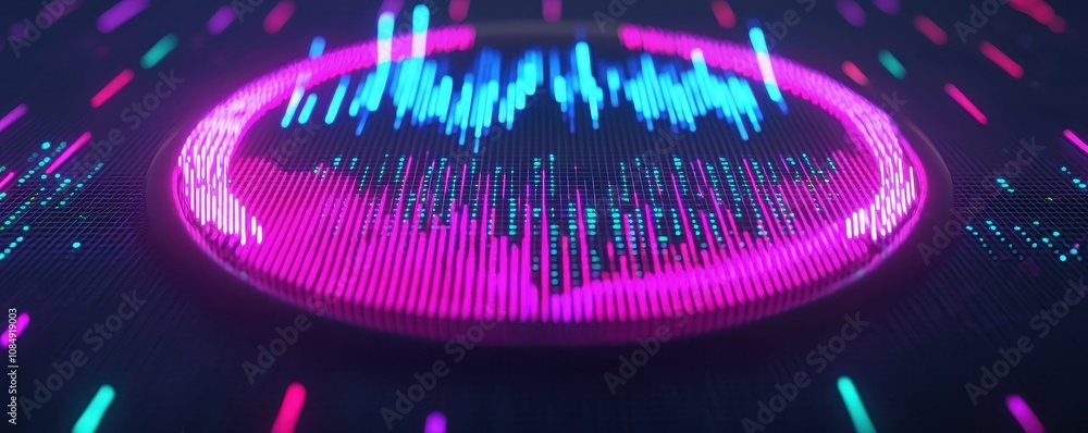 Poster a vibrant, digital representation of sound waves, showcasing colorful data points in a circular patt
