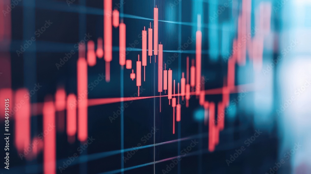 Poster a close-up view of a colorful stock market graph showing fluctuating prices with red and blue lines 