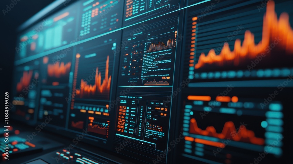 Poster a futuristic dashboard displaying vibrant data visualizations, including graphs and charts, highligh