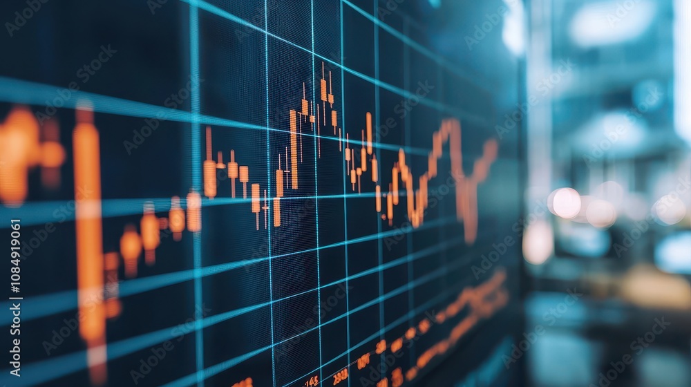 Poster a close-up view of a digital stock market chart displaying fluctuating data with lines and candlesti