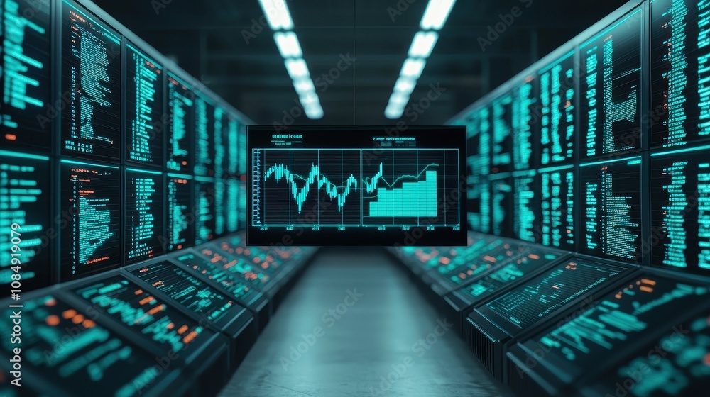 Poster a futuristic trading room filled with glowing screens displaying stock market data and graphs, empha