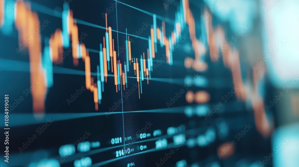 Poster a close-up view of a financial chart displaying fluctuating stock market trends with colorful candle