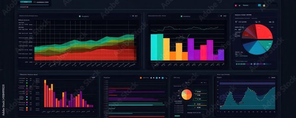 Poster a vibrant dashboard displaying various colorful graphs and charts, showcasing data visualization tec