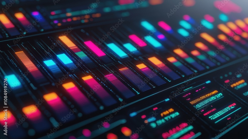 Poster a vibrant digital display featuring colorful bars and patterns, representing data visualization and 