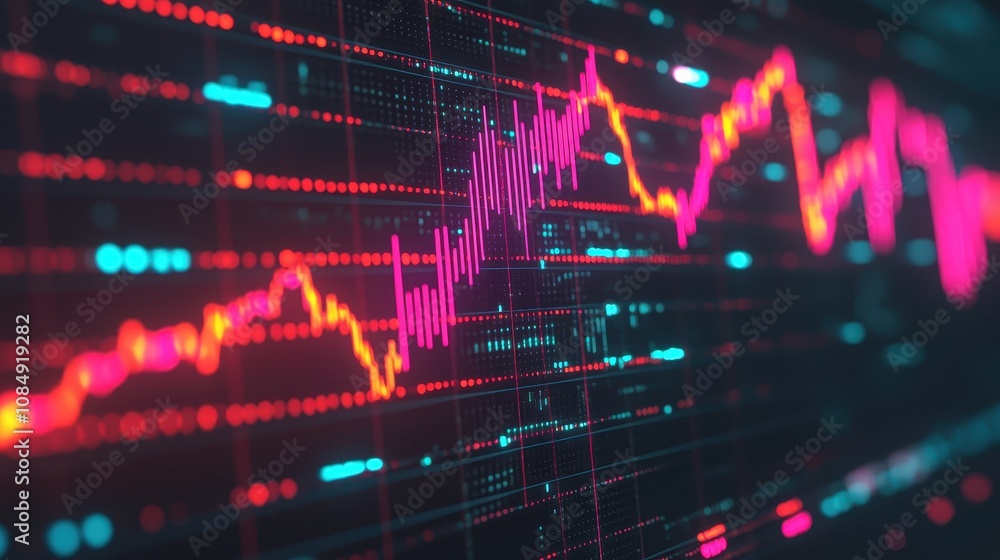 Poster a vibrant digital representation of fluctuating data, showcasing colorful graph lines against a dark