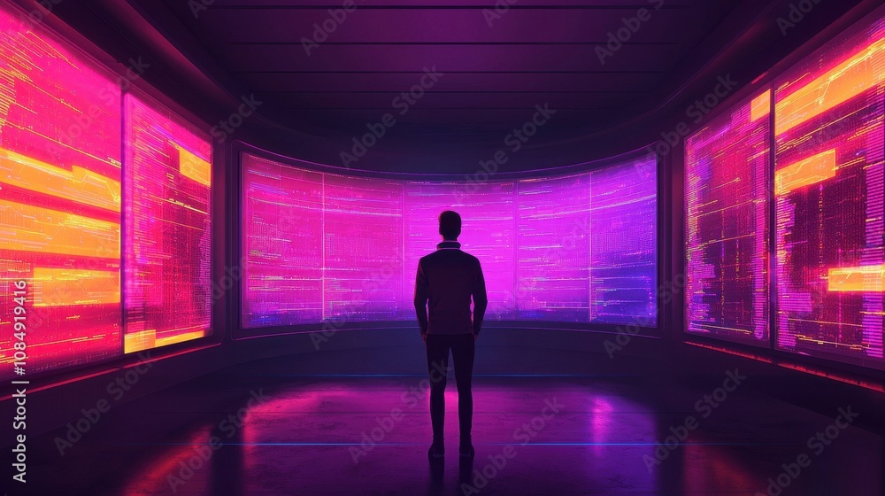 Poster a silhouette stands before vibrant, glowing screens displaying colorful digital patterns in a futuri