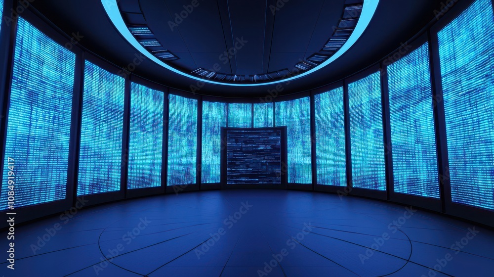 Poster a futuristic room featuring illuminated blue walls with dynamic patterns, creating a high-tech, imme