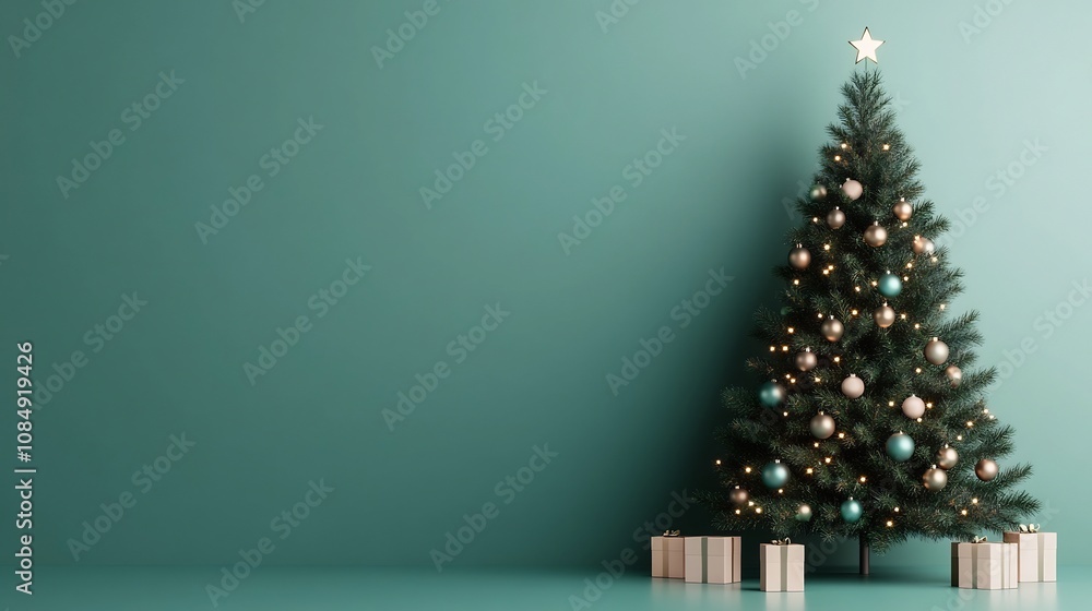 Poster festive christmas tree with sparkling and lights in minimalist setting