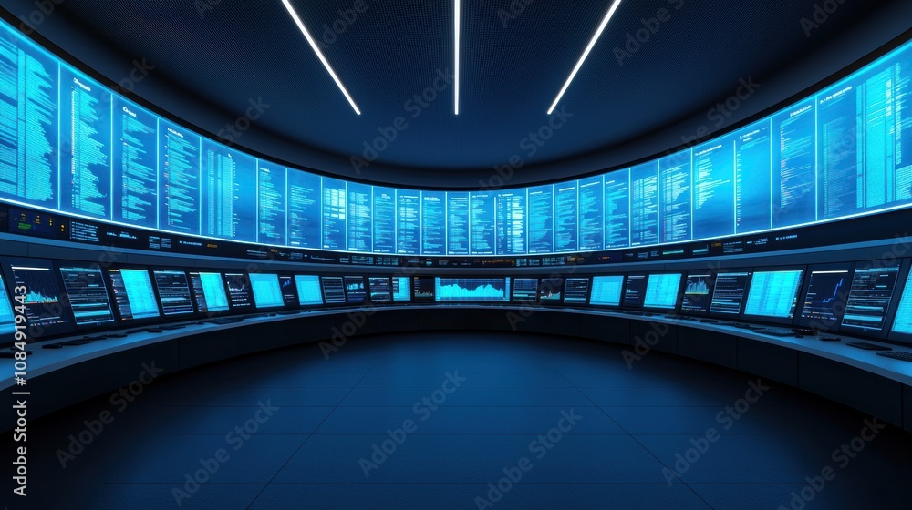 Poster a futuristic control room with multiple screens displaying blue digital data, creating a high-tech a