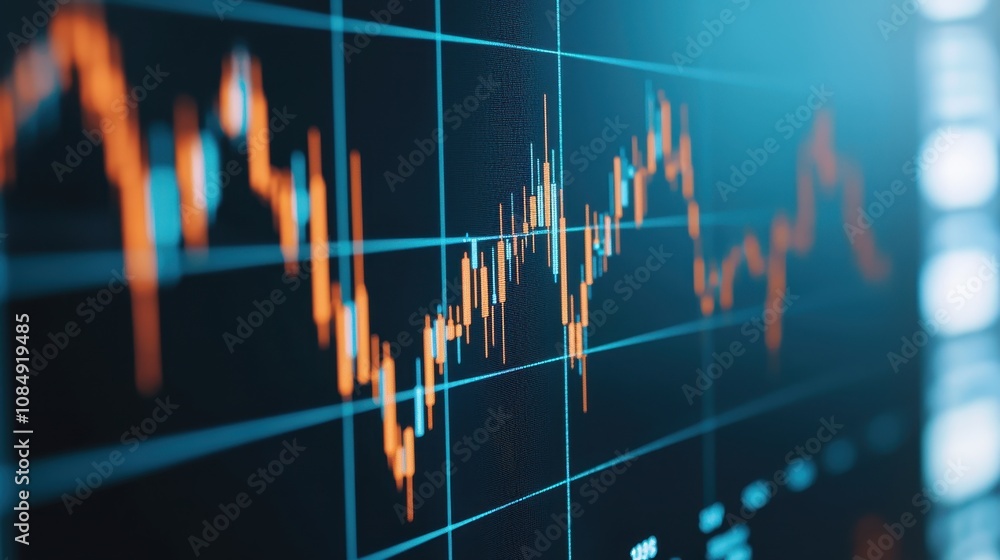 Poster a close-up view of a financial graph displaying fluctuating stock prices with vibrant orange and blu
