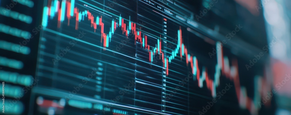 Poster a close-up view of a digital stock market graph displaying fluctuating prices and trends over time, 