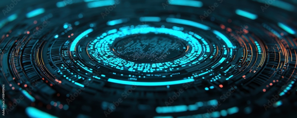 Poster a futuristic digital pattern with glowing blue circles and intricate designs, suggesting technology 