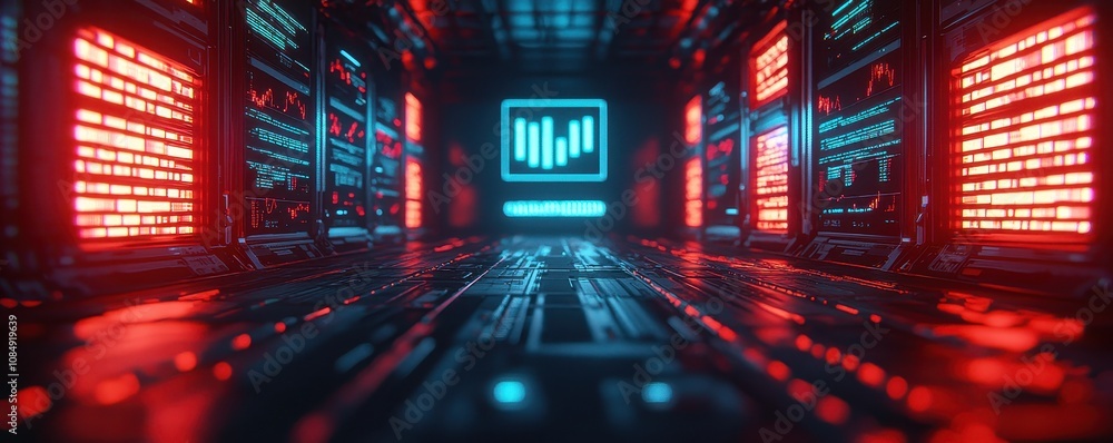 Poster a futuristic data center corridor illuminated by red and blue lights, showcasing digital screens wit