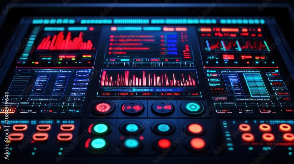 Poster a high-tech control panel featuring vibrant graphs, buttons, and data displays, ideal for monitoring