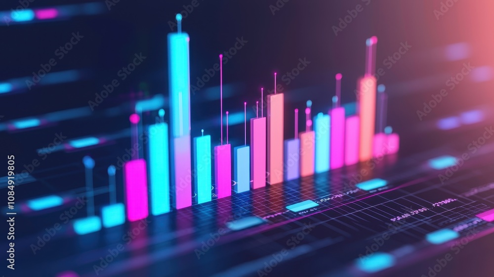 Poster a vibrant, digital bar graph displaying data trends with colorful bars set against a dark background