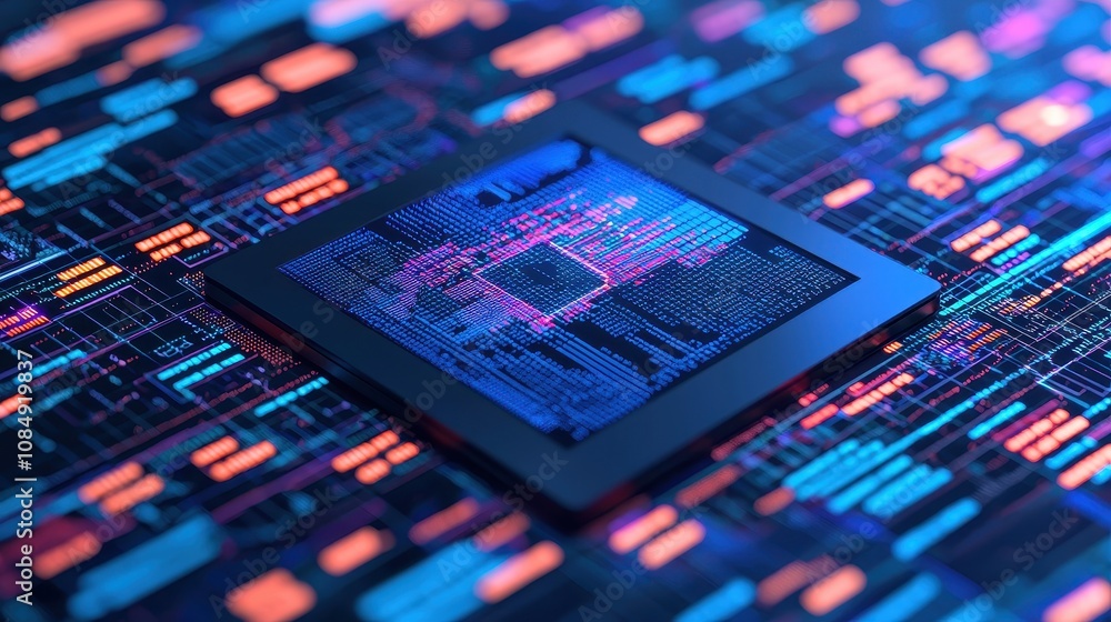 Poster a vibrant, close-up view of a microprocessor on a circuit board, showcasing intricate data patterns 