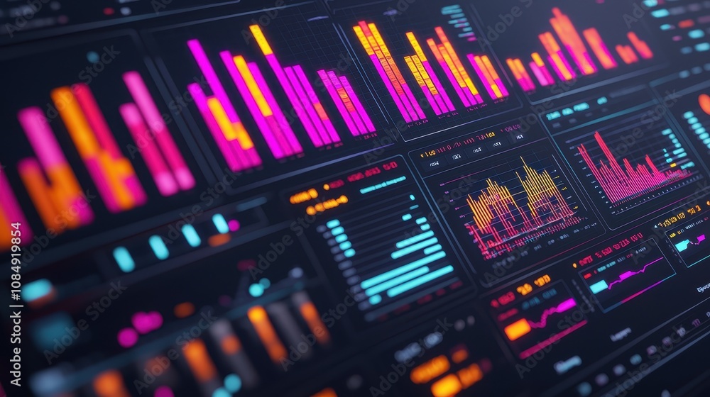 Poster a vibrant digital data visualization featuring colorful graphs and charts, showcasing trends and ana