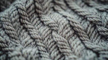 Close-up of a gray knitted fabric with a cable knit pattern.