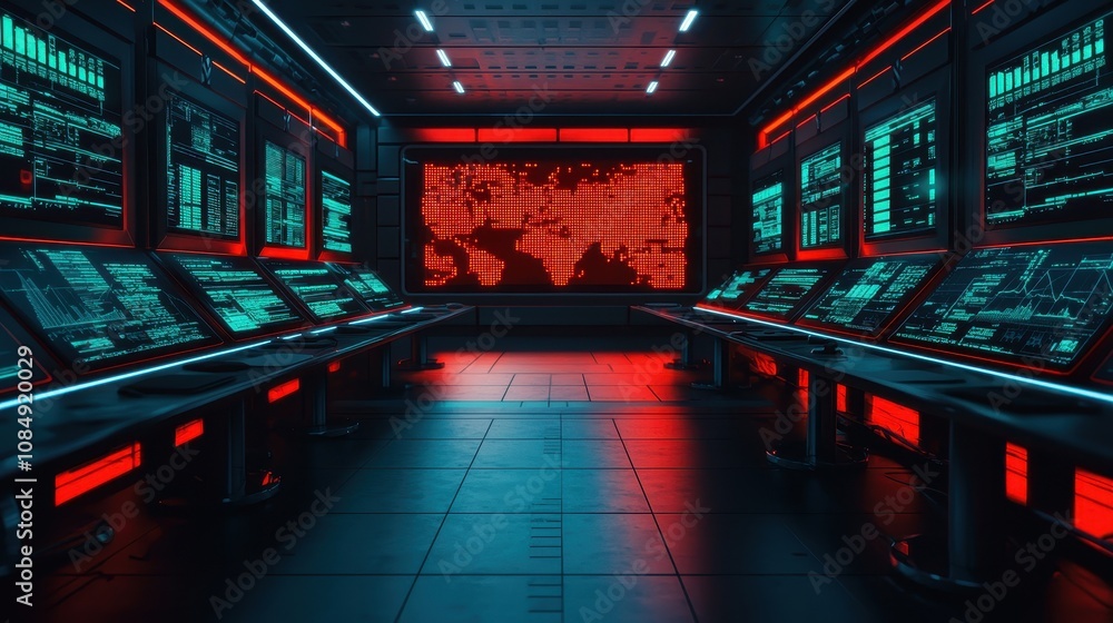 Poster a futuristic control room with glowing screens and an illuminated interface, showcasing advanced tec
