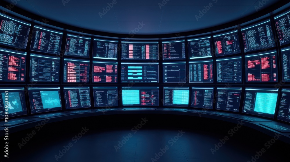 Poster a futuristic control room filled with vibrant screens displaying complex data and analytics in a hig