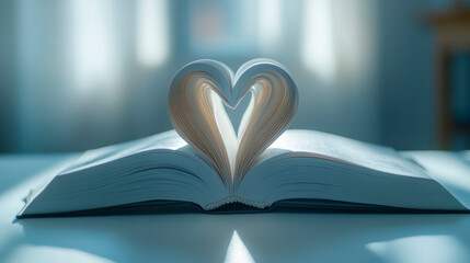 An open book with pages folded into the shape of a heart on a white background,