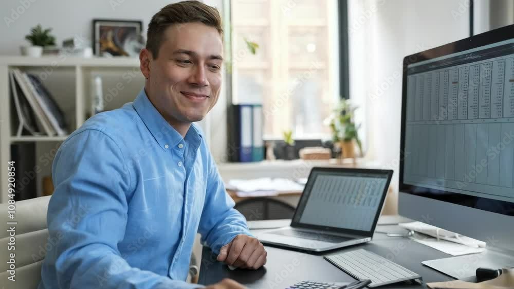 Poster a young man working at a desk with multiple screens, smiling and engaged in his tasks.