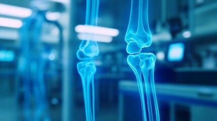Transparent Joint Implants Floating in Futuristic Medical Laboratory with Blue Neon Lighting