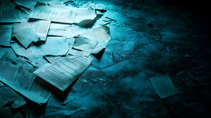 Torn financial documents scattered across dark surface, creating chaotic scene. blue lighting adds dramatic effect, emphasizing disarray and urgency of situation