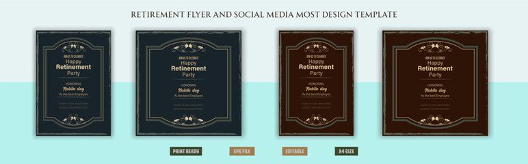 Happy retirement flyer, social media post design, banner, vector, pension, savings, plan, brochure, fund, magazine, traditional, old, elder citizen, party, free, senior, a4 template bundles.
