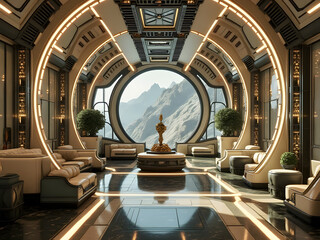 Obraz premium Luxurious futuristic lounge with mountain view featuring elegant seating and intricate design elements near large circular window