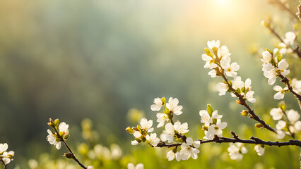 A beautiful field of white flowers with a bright sun shining on them
