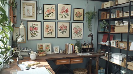 Watercolor flower pictures adorn a creative workshop wall. Shelves with picture frames enhance inspiration in the room.