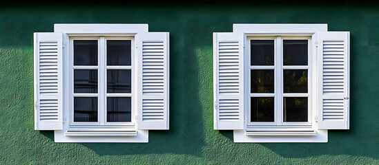Fototapeta premium Two White Windows With Shutters On a Green Wall