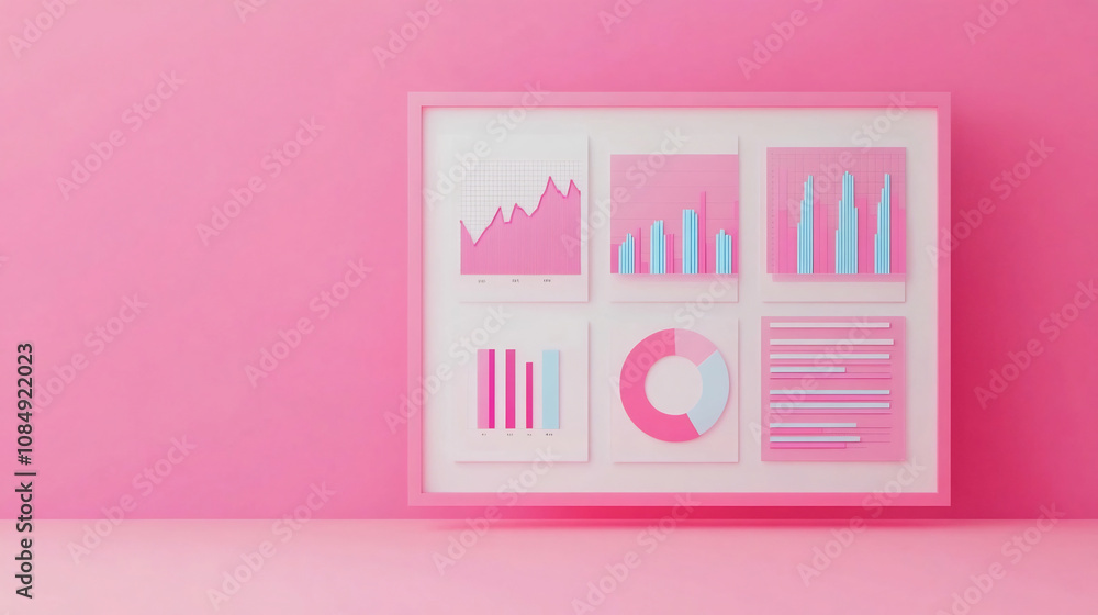 Poster vibrant digital marketing dashboard with metrics and data-driven strategy on pastel pink background