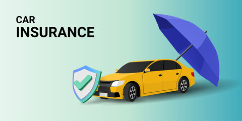 3d vector illustration of Car insurance concept. Car with umbrella and protective shield. Assurance protection, Policy Guarantee business, Safety assurance, Business Insurance, Car accident.