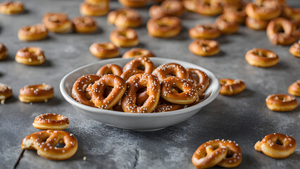 A bowl of pretzels is on a table with many pretzels scattered around it