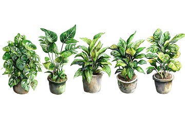 Obraz premium Watercolor houseplants. Hand-painted green plants in flower pots, isolated on a white background.